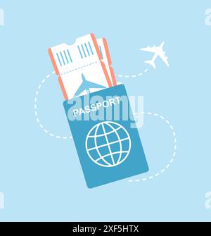 Passeport avec billets d'avion et un avion volant autour sur un fond bleu. Illustration vectorielle plate Illustration de Vecteur