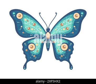 Papillon bleu et vert avec un motif de lignes et de cercles sur les ailes, isolé sur un fond blanc. Illustration vectorielle dans un style plat Illustration de Vecteur