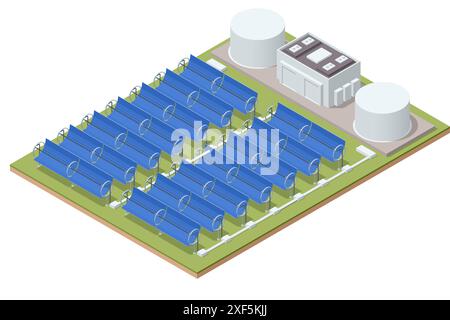 Rangée isométrique de miroirs solaires. Centrale solaire tourner vers le ciel absorber la lumière du soleil utiliser l'énergie lumineuse pour générer de l'électricité Illustration de Vecteur