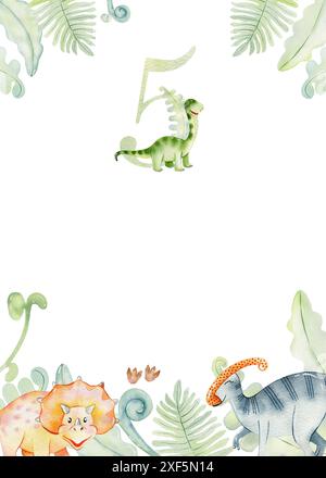 Cinquième anniversaire. Cadres aquarelle avec des dinosaures mignons. Banque D'Images