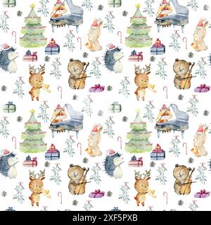Motif de noël aquarelle sans couture avec des animaux jouant des instruments de musique. Banque D'Images