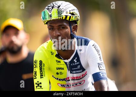 Turin, Italie. 01 juillet 2024. L'Érythrée Biniam Girmay après la troisième étape du Tour de France sur 230,8 kilomètres (143,4 miles) avec départ à Piacenza et arrivée à Turin, Italie, lundi 01 juillet 2024. Sport - cyclisme . (Photo de Marco Alpozzi/Lapresse) crédit : LaPresse/Alamy Live News Banque D'Images