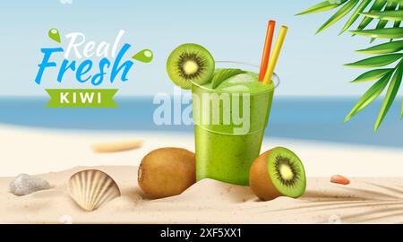 Jus de kiwi. Bannière publicitaire estivale. Verre à boisson 3D. Plage de la mer. Goût de fruit. Morceaux coupés de produit vert juteux. Boisson fraîche. Promotion sur les smoothies glacés. Sable au bord de la mer. Feuilles de palmier. Fond de publicité vectorielle Illustration de Vecteur