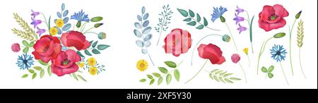 Fleurs de coquelicot aquarelle. Éléments d'aquarelle florale, feuille de rose printanière vintage avec texture nature dessinée à la main. Eléments décoratifs isolés pour cartes de mariage et affiches florales. Ensemble botanique vectoriel Illustration de Vecteur