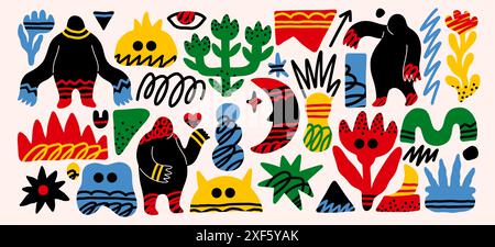 Griffonnages abstraits. Griffonner les formes de couleur. Affiche mignonne d'art floral moderne. Affrontez des éléments drôles dans le style cubisme. Silhouette du corps humain. Fleurs simples. Croquis enfantin. Ensemble de figures plates créatives vectorielles Illustration de Vecteur