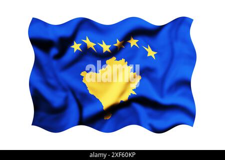 Agitant le drapeau du Kosovo sur un fond blanc. rendu 3d. Masque inclus Banque D'Images