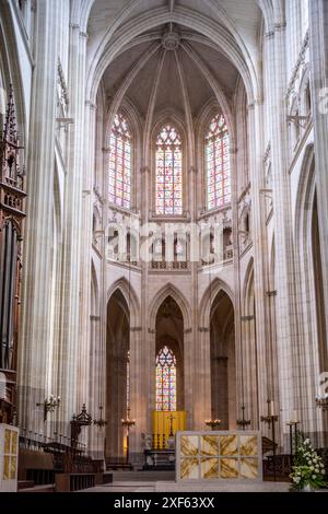 Belle vue intérieure de la cathédrale Saint Pierre et Saint Paul à Nantes, France, mettant en valeur l'architecture gothique et les vitraux. Banque D'Images