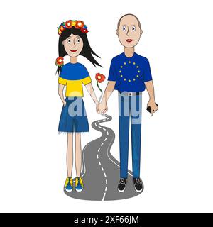 Un homme et une femme vêtus du drapeau de l'Ukraine et du drapeau de l'Union européenne se tiennent par la main. Illustration de Vecteur