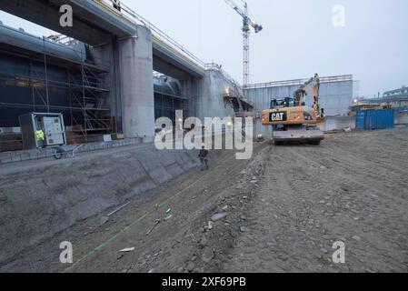 Une pelle hydraulique de la marque Caterpillar dans les travaux de construction pelle hydraulique de la marque Caterpillar Banque D'Images