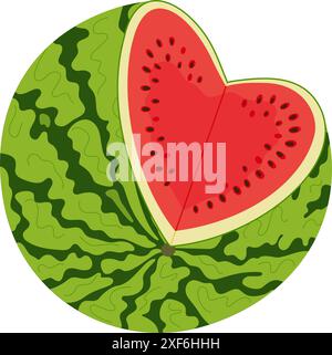 Pastèque ouverte verte fraîche. Cartoon Ripe Cut Watermelon Heart. Style plat tendance dessiné à la main fruit coupé isolé dessert naturel biologique, fruits d'été juteux rouge doux et sain. Illustration vectorielle Illustration de Vecteur