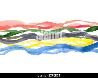 Vagues d'aquarelle abstraite avec des tons vibrants et des traits gracieux. Motifs Wavelike en rouge vif, vert, noir, jaune, bleu. Conduites de liquide Banque D'Images