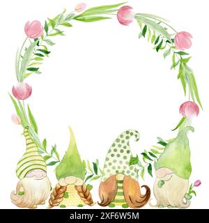 Couronne d'aquarelle avec gnomes de printemps sur fond blanc. Banque D'Images