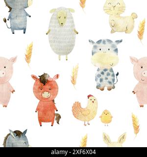 L'Aquarelle transparente avec les animaux de ferme modèle. Cute cartoon caractères. Banque D'Images