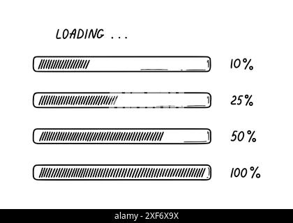 Jeu de barres de chargement de doodle. Illustration vectorielle de progression du téléchargement de croquis, indicateur d'état de téléchargement. Elément de conception d'interface utilisateur d'ordinateur. Illustration de Vecteur
