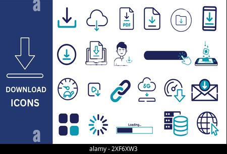 Jeu d'icônes de téléchargement. Téléchargez des icônes de fichiers, dossiers, données et PDF. Illustration vectorielle. Illustration de Vecteur