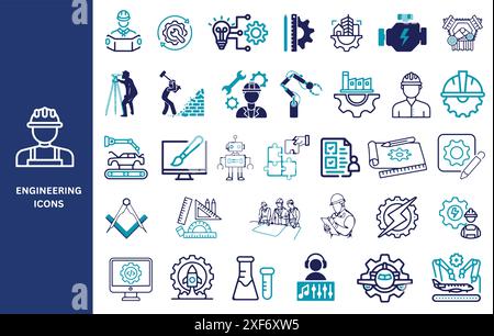 Jeu d'icônes d'ingénierie. Ingénieur, outils, moteur, ouvrier, construction, icônes mécaniques, industrielles, de planification, de fabrication et de machines. Vecteur. Illustration de Vecteur