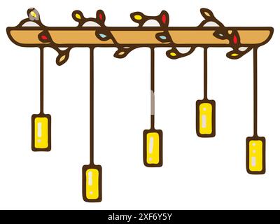 Icônes de lumière colorées. Icône d'ampoules colorées avec du bois et de la corde. Illustration de Vecteur