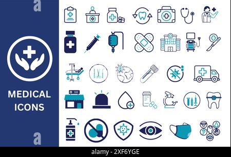 Jeu d'icônes médicales. Médecine, hôpital, traitement, soins de santé, infirmière, pilules, urgence clinique, et plus encore. Illustration vectorielle. Illustration de Vecteur