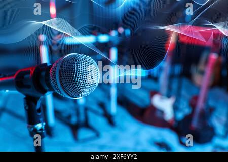 Microphone et ondes sonores en studio d'enregistrement, couleur tonifiée Banque D'Images