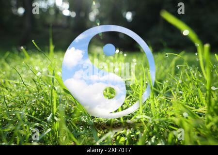 Symbole Yin-yang et herbe verte avec de la rosée Banque D'Images