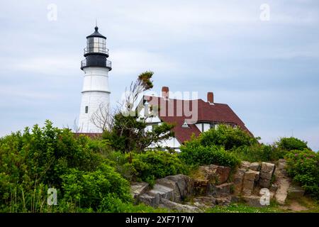 Phare de Portland Head à Cape Elizabeth, dans le Maine avec espace de copie. Banque D'Images