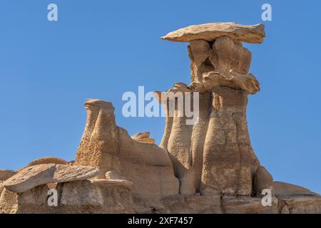 États-Unis, Nouveau-Mexique, Bisti/de-Na-Zin Wilderness. Hoodoo a érodé des formations dans les badlands. Banque D'Images