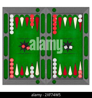 Jeu de plateau de Backgammon ouvert, vue de dessus. Rendu 3D isolé sur fond blanc Banque D'Images