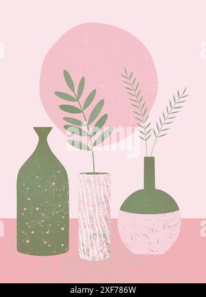 Vases minimalistes modernes avec plante abstraite et soleil. Texture grunge. Décor boho imprimable. Rose, vert, couleur blanche. Design boho esthétique moderne Illustration de Vecteur