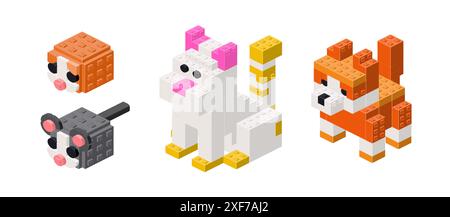 Ensemble d'animaux domestiques en isométrie à partir de cubes. Vecteur Illustration de Vecteur