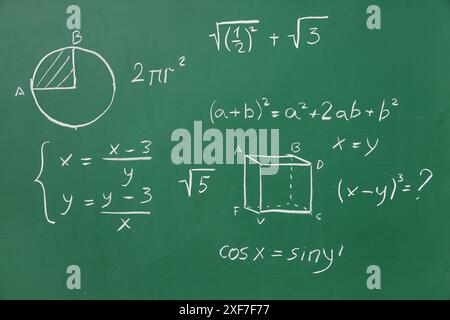 Dessiné des figures géométriques et des formules mathématiques sur un tableau vert Banque D'Images