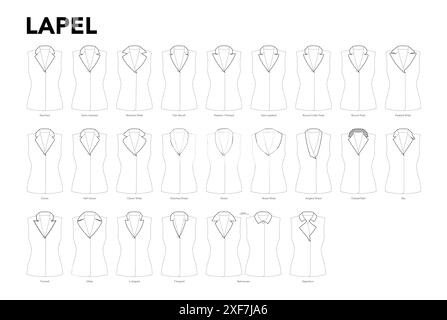 Ensemble de revers et cols pour hauts, chemises, vestes, chemisiers, manteaux styles illustration de mode technique. Vue avant du modèle de vêtement plat. Femmes, hommes unisexe CAD maquette isolé sur fond blanc Illustration de Vecteur