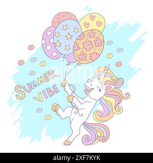 Licorne de dessin animé de carte de voeux avec des ballons et vecteur de lettrage Illustration de Vecteur