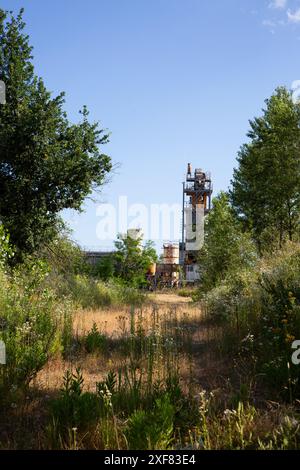 Site industriel abandonné avec bâtiments abandonnés et végétation sauvage Banque D'Images