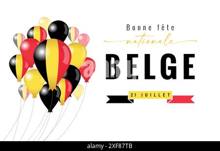 Bannière de fête nationale belge avec éléments graphiques 3D. Typographie française, ruban décoratif et ballons de couleurs drapeau. Conception de carte de vœux. Illustration de Vecteur