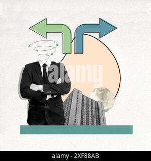 Art conceptuel de collage d'un homme d'affaires décidant quel chemin aller avec des flèches pointant dans des directions opposées, symbolisant les défis de la décision m Banque D'Images