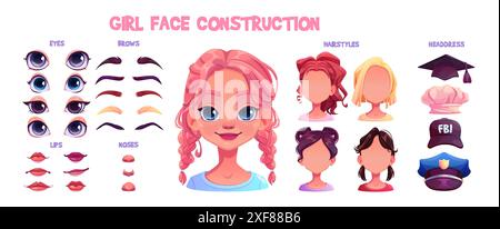 Kit de construction d'avatar de visage de fille d'enfant avec différentes coupes de cheveux et yeux, sourcils et lèvres, nez et coiffe. Ensemble d'illustration vectorielle de dessin animé de parties faciales d'enfant femelle pour générateur de tête dyi. Illustration de Vecteur