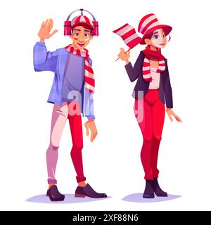 Personnages de fans de football avec attributs de supporters de sport rouges et blancs. Ensemble d'illustration vectorielle de dessin animé de personnes spectatrices de football masculines et féminines dans le chapeau fanatique, l'écharpe et avec le drapeau de l'équipe. Illustration de Vecteur