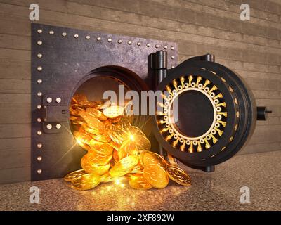 Lourde ouverture de porte dans un coffre-fort de banque d'où les pièces d'or avec un signe dollar se déversent. Rendu 3D. Banque D'Images