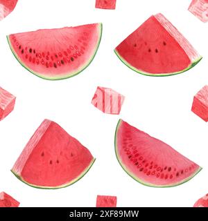 Tranches juteuses de pastèque avec quelques graines et cubes. Motif sans couture d'aquarelle isolé sur fond blanc, dessiné à la main pour la conception alimentaire. Idéal pour Banque D'Images