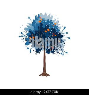 Aquarelle arbre bleu avec des feuilles orange et jaune. Hiver. Dessiné à la main. Illustration vectorielle plate. Illustration de Vecteur