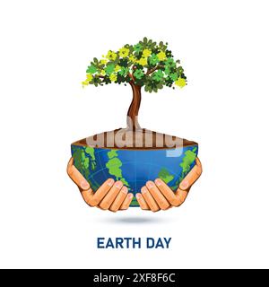 Main tenant l'arbre avec le concept de demi-globe Happy Earth Day fond Illustration de Vecteur