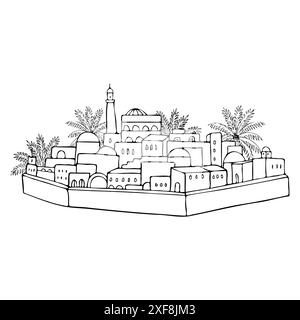 Moyen-Orient ancienne ville oasis palmier dans le désert Illustration de Vecteur