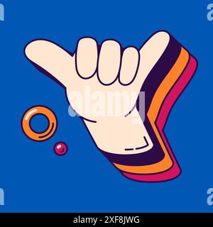 Geste groovy surréaliste jumbo shaka sur fond bleu. Illustration de Vecteur