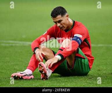 Francfort, Allemagne. 1er juillet 2024. Cristiano Ronaldo, du Portugal, réagit lors du match de l'UEFA Euro 2024 Round of 16 opposant le Portugal et la Slovénie à Francfort, en Allemagne, le 1er juillet 2024. Crédit : Ren Pengfei/Xinhua/Alamy Live News Banque D'Images