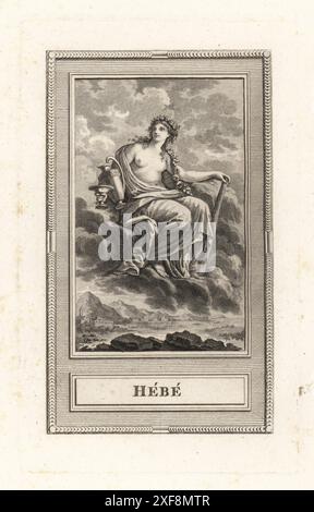 Hebe, déesse de la jeunesse dans la mythologie grecque. Fille de Zeus et Héra, porte-coupole des dieux, avec coupe, aiguière et club, assise dans les nuages. Gravure sur cuivre de Simon d'après un dessin d'Etienne-Pierre-Adrien Gois, sculpteur du roi, tirée du Panthéon, ou les figures de la Fable de Sylvain Marechal, chez Simon, 16 rue Pagevin, Paris, 1787. Banque D'Images