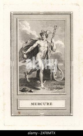 Mercure, Dieu romain du commerce, de la communication, etc En sandales ailées et chapeau, tenant un caducée, avec une lyre derrière lui. Hermès dans le mythe grec. Mercure. Gravure sur cuivre de Jean-Baptiste Patas d'après un dessin de Jean-Jacques-François le Barbier tiré du Panthéon, ou les figures de la Fable de Sylvain Marechal, chez Simon, 16 rue Pagevin, Paris, 1787. Banque D'Images