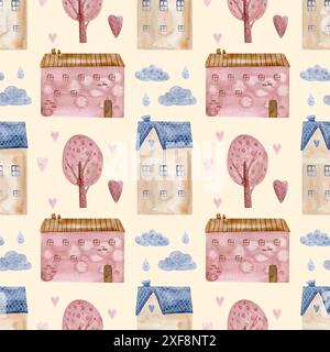 Motif mignon pour enfants avec illustrations aquarelle de maisons. Illustration pour enfants avec des maisons. Pour souvenirs et papier cadeau. Banque D'Images