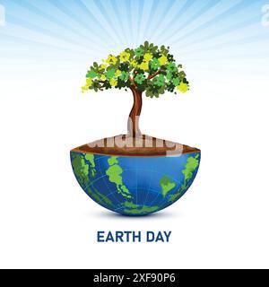 Arbre dessiné à la main avec le concept de demi-globe Happy Earth Day fond Illustration de Vecteur