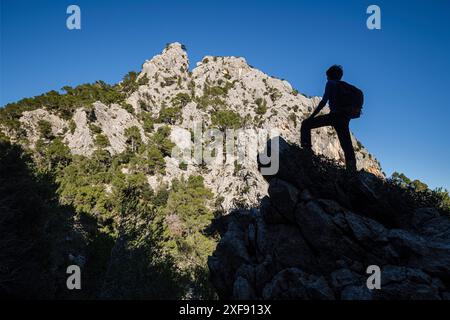 Silhouette d'un randonneur devant Puig d'en Grau, 867 m , Escorca, Majorque, Îles Baléares, Espagne Banque D'Images