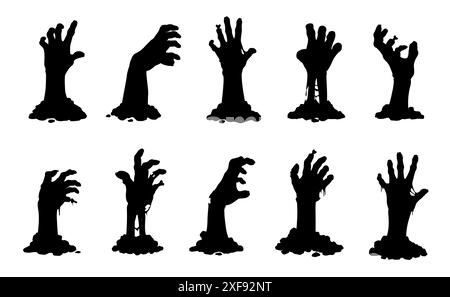 Mains de zombie, bras de cadavre mort-vivant atteignant la tombe, icônes de silhouette vectorielle. Halloween horreur vacances bande dessinée mains de zombie morts avec des os, des doigts tordus et des ongles, des mains de démon ou de zombie morts Illustration de Vecteur